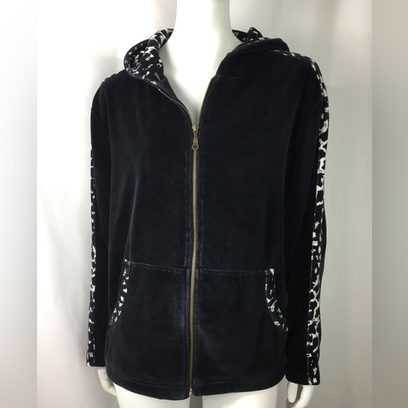 Black Velour Sweat Track Sweater Hooded Animal Print Side Stripe Women’s Size L - Picture 1 of 6